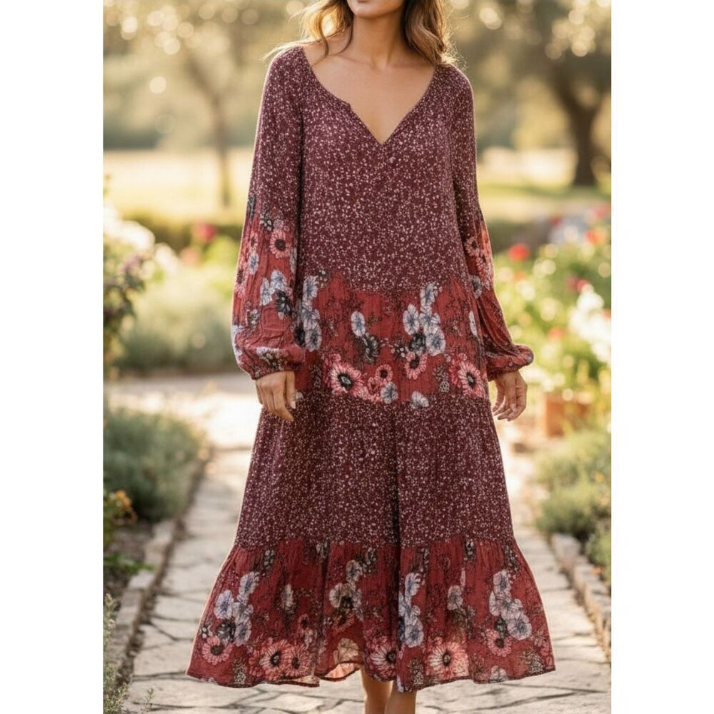 Easel Boho Maxi Dress Womens Size S Long Sleeve Floral Open Neckline 100% Rayon